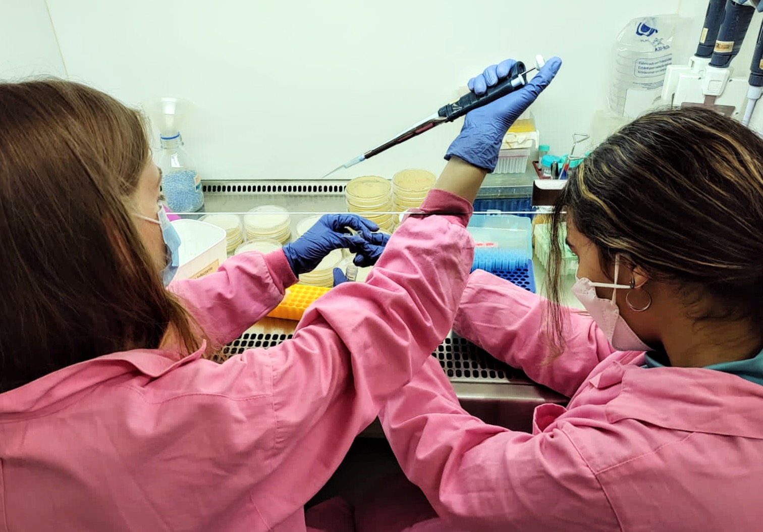 Katherine Bilsland Marchesan e Luiza Rodrigues de Souza no LaBS (Labortório de Biologia Sintética)